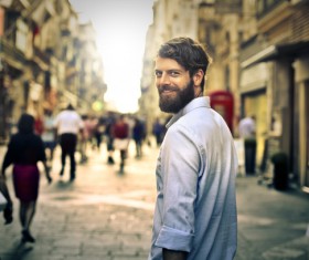 Whiskers man turned to smile Stock Photo