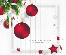 White wooden christmas background with red christmas balls vector