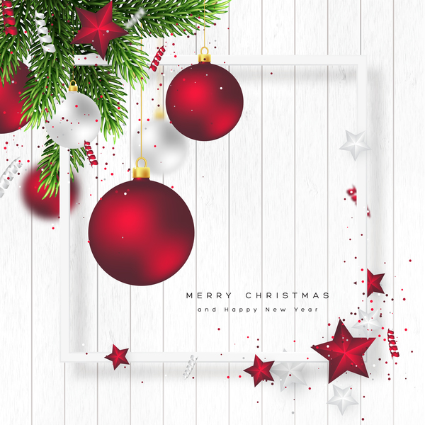 White wooden christmas background with red christmas balls vector