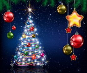 Xmas baubles with decor and blue christmas background vector 01