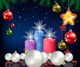 Xmas baubles with decor and blue christmas background vector 05