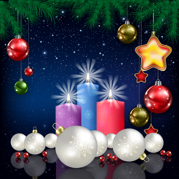 Xmas baubles with decor and blue christmas background vector 05