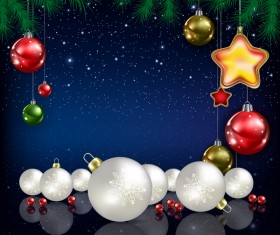 Xmas baubles with decor and blue christmas background vector 06