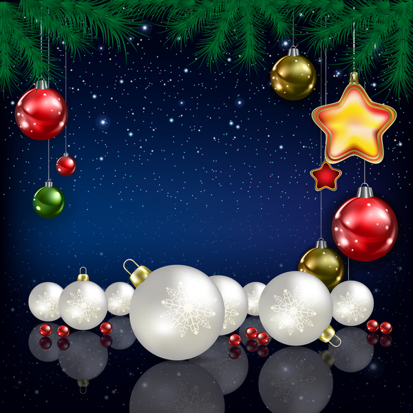 Xmas baubles with decor and blue christmas background vector 06