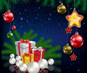 Xmas baubles with decor and blue christmas background vector 07