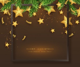 brown christmas card with golden stars and fir tree vector