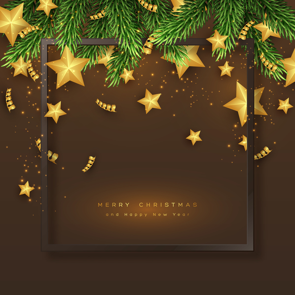 brown christmas card with golden stars and fir tree vector