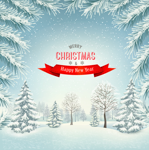 chistmas background with branches of tree and landscare vector