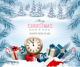 chistmas holiday background with winter trees and clock vector