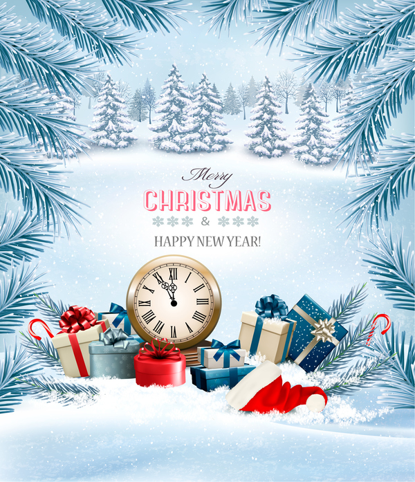 chistmas holiday background with winter trees and clock vector
