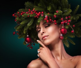 fashion model girl with fir branches decoration Stock Photo 01
