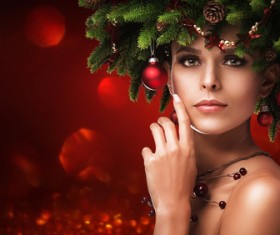 fashion model girl with fir branches decoration Stock Photo 03