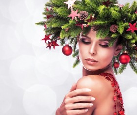 fashion model girl with fir branches decoration Stock Photo 07