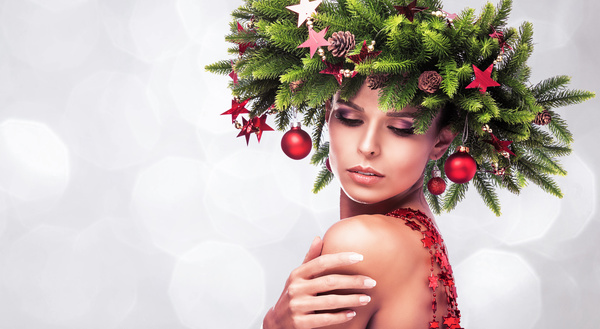 fashion model girl with fir branches decoration Stock Photo 07