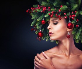 fashion model girl with fir branches decoration Stock Photo 09