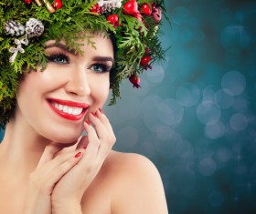 fashion model girl with fir branches decoration Stock Photo 11