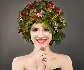 fashion model girl with fir branches decoration Stock Photo 12