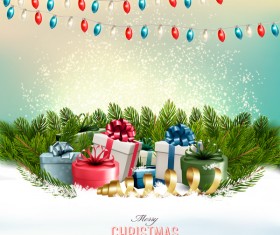 holiday background with colorful gift boxes and branches of tree vector