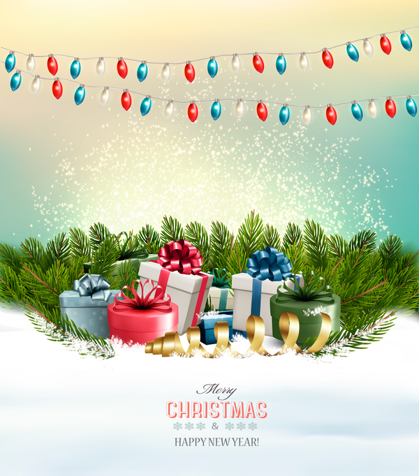 holiday background with colorful gift boxes and branches of tree vector