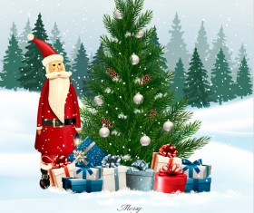 holiday christmas background with green tree and Santa vector