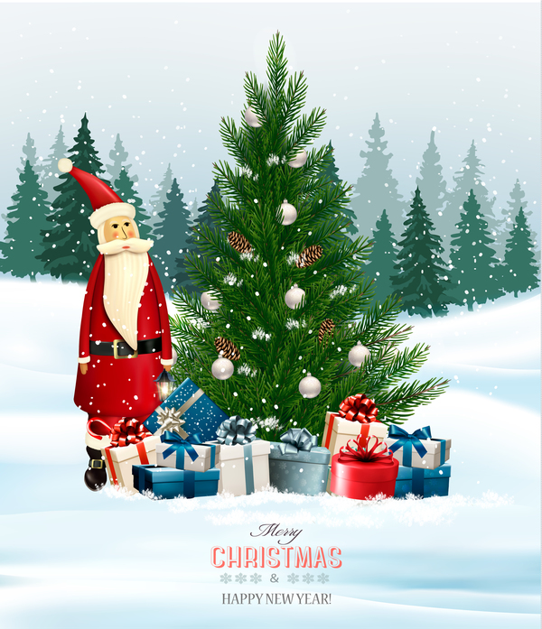 holiday christmas background with green tree and Santa vector