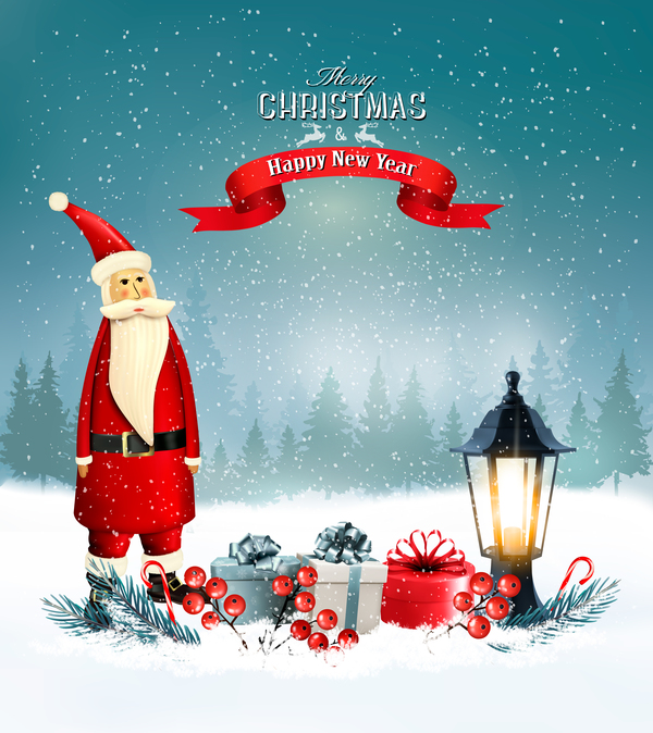merry christmas greeting card with Santa claus and lantern vector