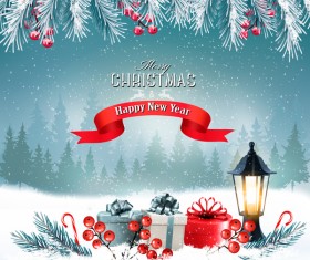 merry christmas greeting card with winter landscape and lantern vector