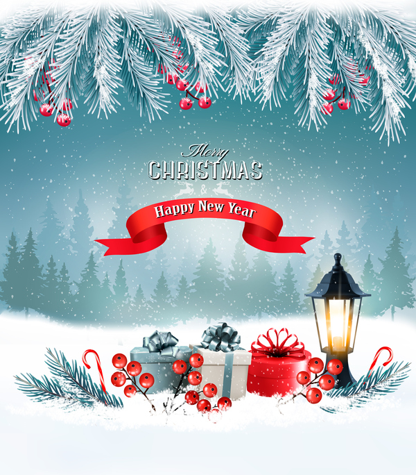 merry christmas greeting card with winter landscape and lantern vector