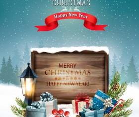 merry christmas greeting card with wooden sign and lantern vector