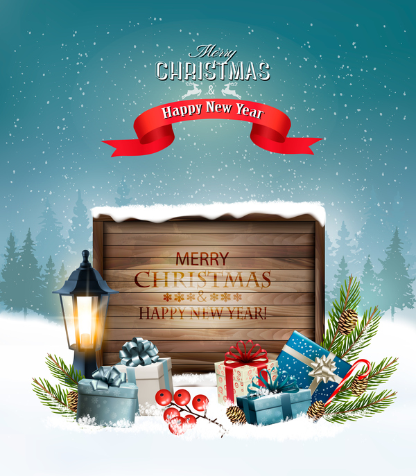 merry christmas greeting card with wooden sign and lantern vector