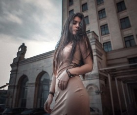 pretty girl taking pictures on the street Stock Photo