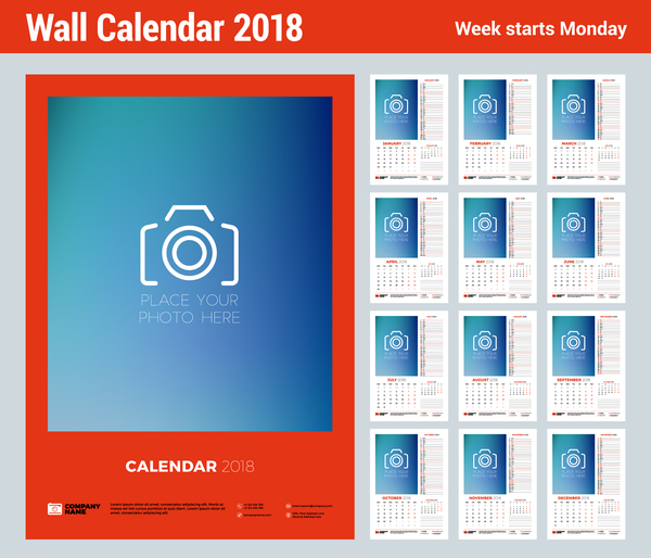 2018 wall calendar template vectors material 01
