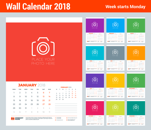 2018 wall calendar template vectors material 03