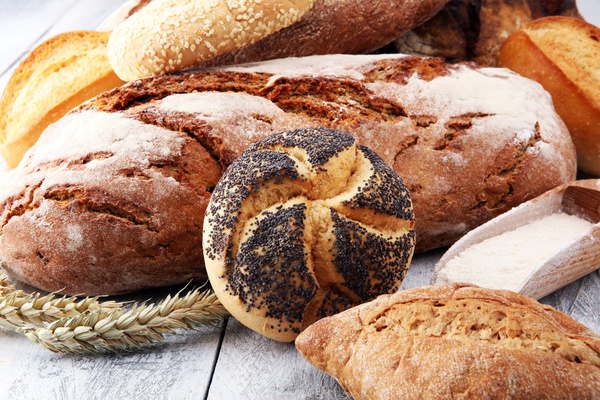 All kinds of whole wheat bread on the desktop Stock Photo