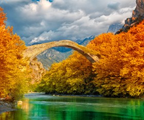 Autumn forest and bridge Stock Photo