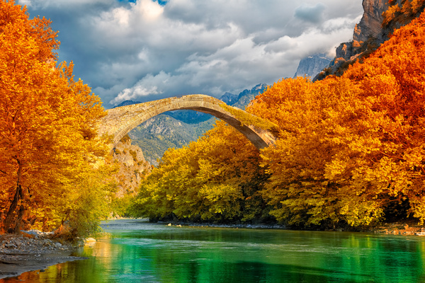 Autumn forest and bridge Stock Photo