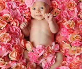 Baby lying in flowers Stock Photo 04