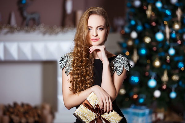 Beautiful elegant lady holding a gift box Stock Photo 01