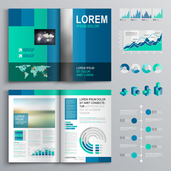 Blue brochure cover with infographic vector material 01