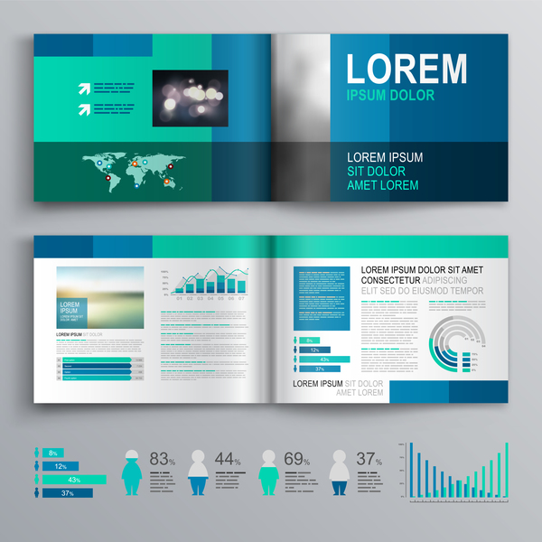 Blue brochure cover with infographic vector material 04