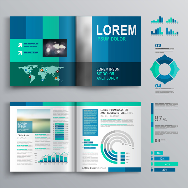 Blue brochure cover with infographic vector material 05