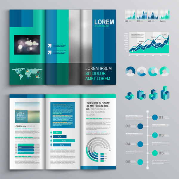 Blue brochure cover with infographic vector material 06