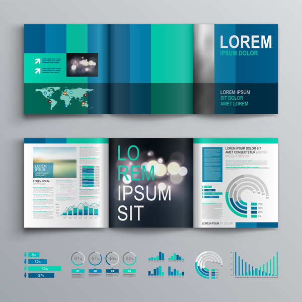 Blue brochure cover with infographic vector material 07