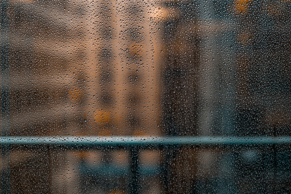 Closeup of wet raindrops on glass surface Stock Photo