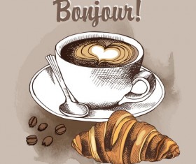 Coffee with croissant retro vector