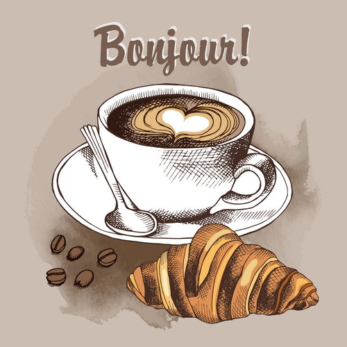 Coffee with croissant retro vector