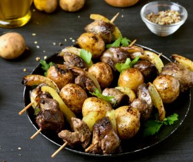 Delicious baked potato meat and barbecue Stock Photo