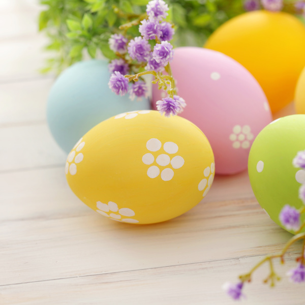 Easter eggs and flowers on the desktop Stock Photo 03