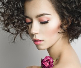 Fashion curly woman with rose flower Stock Photo 01