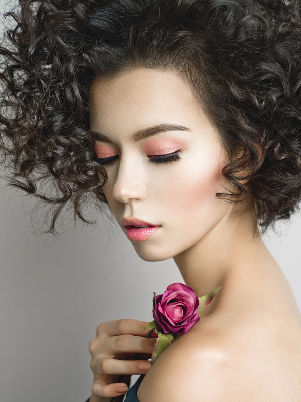 Fashion curly woman with rose flower Stock Photo 01